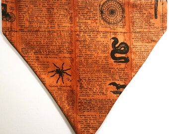May include: Orange and black fabric with a Halloween theme. The fabric features a spider, a snake, a bat, and a spider web. The fabric also has text from a vintage dictionary.