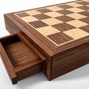 May include: A wooden chessboard featuring a classic alternating square pattern in dark brown and light tan wood. The board includes a built-in storage drawer on the side, constructed from the same dark brown wood, designed to hold game pieces.