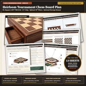 Tournament Chess Board Woodworking Plan PDF, DIY Wood Chessboard and Piece Drawer Blueprint, 64 Square Strip Lamination Guide, Inch & Metric