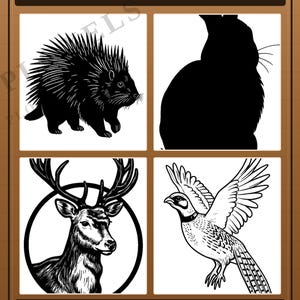 May include: A 50 stencil pack wood burning collection by Ploxels featuring four black and white illustrations: a porcupine, a rabbit silhouette, a deer head inside a circle, and a bird in flight. The printable pyrography designs are on a brown background.