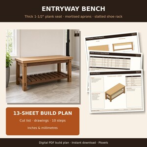 Solid Wood Entryway Bench Woodworking Plan PDF, 44-Inch Mudroom Shoe Storage Bench with Lower Slatted Shelf Blueprint, Hallway Cut List