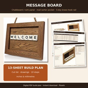 Entryway Message Board Woodworking Plan PDF, Wall-Mounted Family Command Center with Mail Slots, Chalkboard & Key Hooks Blueprint