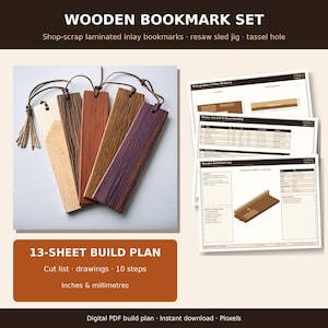 Laminated Wooden Bookmark Set Woodworking Plan PDF, Thin-Strip Inlay Bookmarks & Bandsaw Resaw Sled Jig Blueprint, Scrap Wood Gift Guide