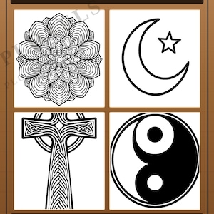 May include: A 50 stencil pack for wood burning titled 50 STENCIL PACK Wood Burning Collection by PLOXELS Printable Pyrography Designs. The image displays four black and white line art designs: a mandala, a crescent moon with a star, a Celtic cross, and a yin-yang symbol.