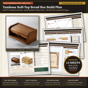 Tambour Roll Top Bread Box Woodworking Plan PDF, Solid Hardwood Kitchen Counter Breadbox Blueprint, DIY Canvas Tambour Door Plan, In & mm