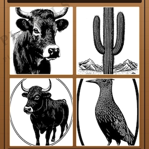 May include: A 50 stencil pack wood burning collection by Ploxels featuring four black and white illustrations: a bull head, a saguaro cactus in a desert landscape, a full-body bull inside a circle, and a bird inside an oval frame.