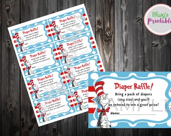 Dr Seuss Diaper Raffle Ticket, Dr Seuss Cat in the Hat Party Diaper Raffle, Dr Seuss baby shower, Printable diaper raffle