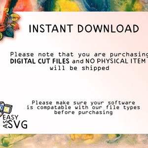Op de afbeelding: Een witte achtergrond met zwarte tekst die "INSTANT DOWNLOAD" luidt. Onder de tekst staat een bericht dat luidt "Let op: u koopt DIGITALE SNIJBESTANDEN en GEEN FY SIEK ITEM wordt verzonden". Daaronder staat een bericht dat luidt "Zorg ervoor dat uw software compatibel is met onze bestandstypen voordat u koopt". De tekst wordt omringd door een kleurrijke abstracte achtergrond.
