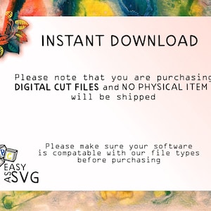 Op de afbeelding: Een witte achtergrond met zwarte tekst die "INSTANT DOWNLOAD" luidt. Onder de tekst staat een bericht dat luidt "Let op: u koopt DIGITALE SNIJBESTANDEN en GEEN FY SIEK ITEM wordt verzonden". Daaronder staat een bericht dat luidt "Zorg ervoor dat uw software compatibel is met onze bestandstypen voordat u koopt". Daaronder staat een logo dat "EASY AS SVG" luidt.