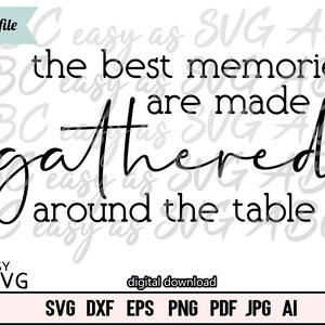 May include: Black and white text graphic that reads "The best memories are made gathered around the table".