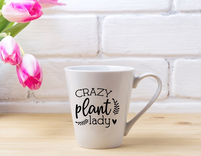 Op de afbeelding: Witte keramische mok met een zwart ontwerp met de tekst "Crazy plant lady" met een klein hartje en bladeren.