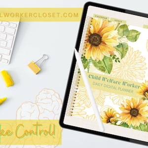 May include: A digital planner for child welfare workers, with a sunflower design. The planner includes sections for calendars, goals, and notes. A white keyboard, yellow marker, and binder clip are on the white surface.