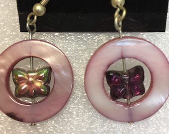 Purple Mother of Pearl Butterfly Earrings with Amethyst Czech Glass - Spring Charm