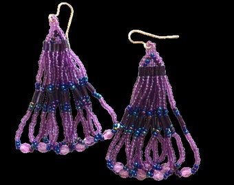 Fan Woven Bohemian Fringe  - Seed bead earrings - Native American Beaded Earrings