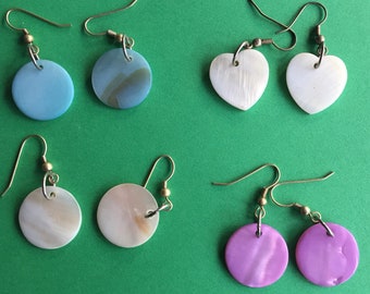 Mother of Pearl Earrings, mother of pearl, shell, shell earrings, heart, shell heart, round, purple, blue, white, dangle, shell jewelry