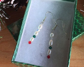 Holiday Earrings with freshwater Pearls, Red, Green, and Clear Swarovski Crystal