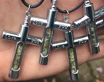 Handcrafted Glass Tube Cross Necklace – Green or Black Tourmaline Crystal Pendant – 20” Chain Included