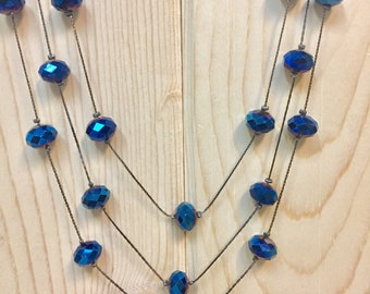 Multi 3 Strand Electroplated Metallic Blue Glass Rondelle Vintage Necklace