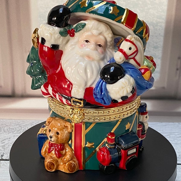 Santa Claus Porcelain Hinged Trinket Box with Drum, Toys , Gold Trim