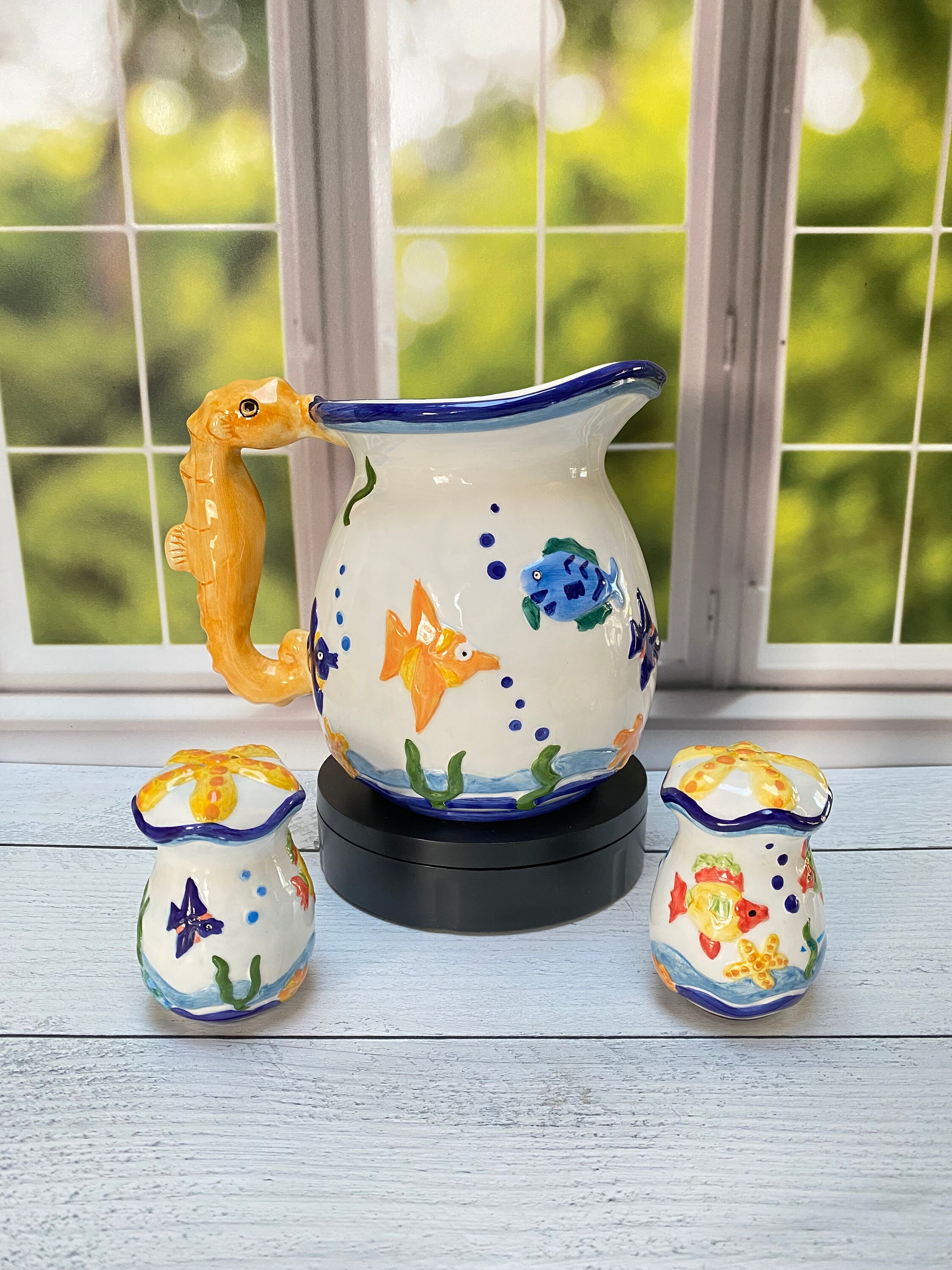 Ocean Seahorse and Fish Pitcher With Salt | Pepper Set | Beach House ...