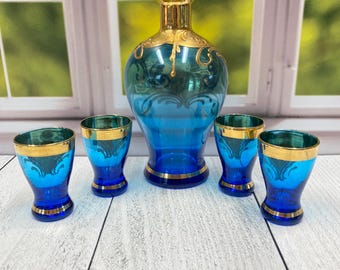 Bohemia Glass デキャンタセット Vtg Bohemia Czechoslovakia Cobalt Blue Glass 24K Gold Enameled