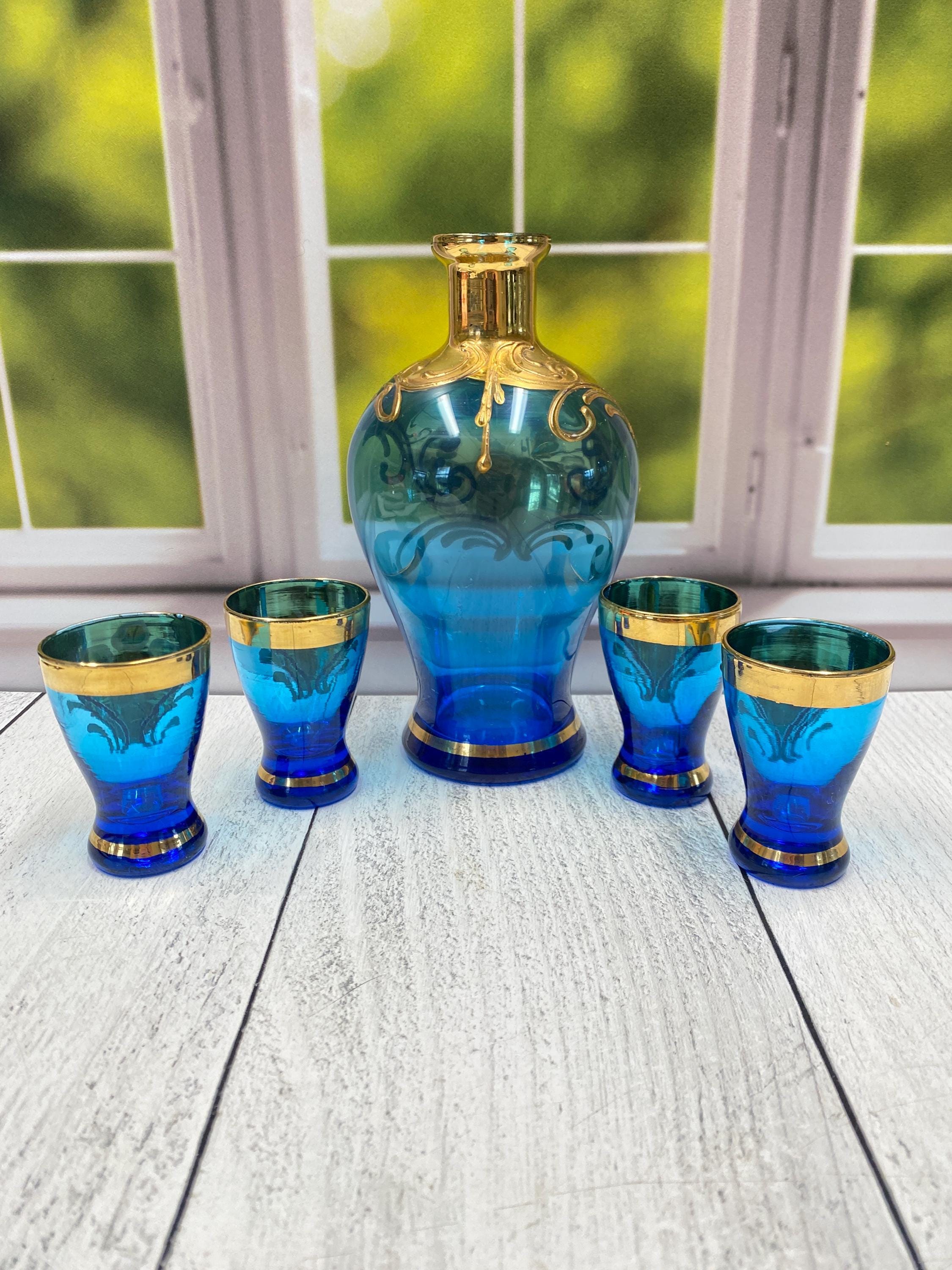 Vtg Bohemia Czechoslovakia Cobalt Blue Glass 24K Gold Enameled