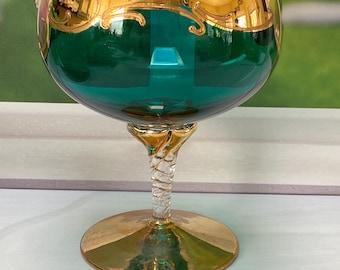 Vintage Bohemian Czech Glass Goblet Emerald Green Gold Gilt Enamel Floral