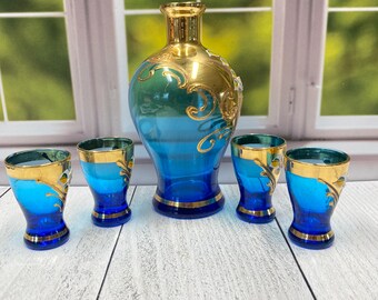 Vtg Bohemia Czechoslovakia Cobalt Blue Glass 24K Gold Enameled