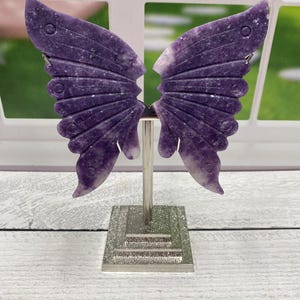 Lepidolite Crystal Butterfly Wings Carving On Silver Metal Stand | Crystals