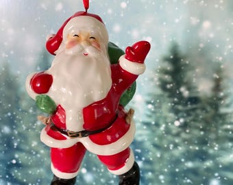 Porcelain Santa Ornament, Mervyn’s 2004 Limited Edition, Moveable Legs, 5in Christmas Decoration