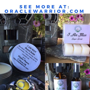 May include: A collage of natural skin care products for men, including a beard balm, sugar scrub, pre-shave oil, and a razor. The products are labeled "I Am Man" and are from the brand "Hippie Pharm".