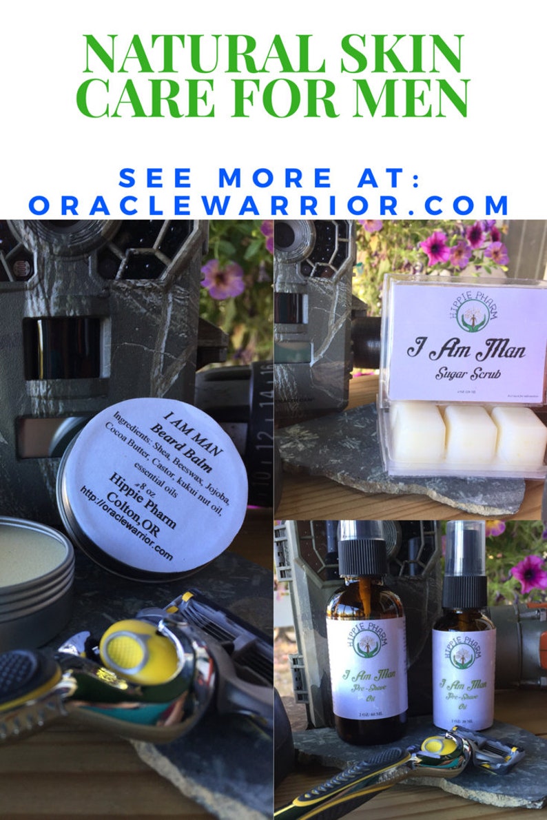 May include: A collage of natural skin care products for men, including a beard balm, sugar scrub, pre-shave oil, and a razor. The products are labeled "I Am Man" and are from the brand "Hippie Pharm".