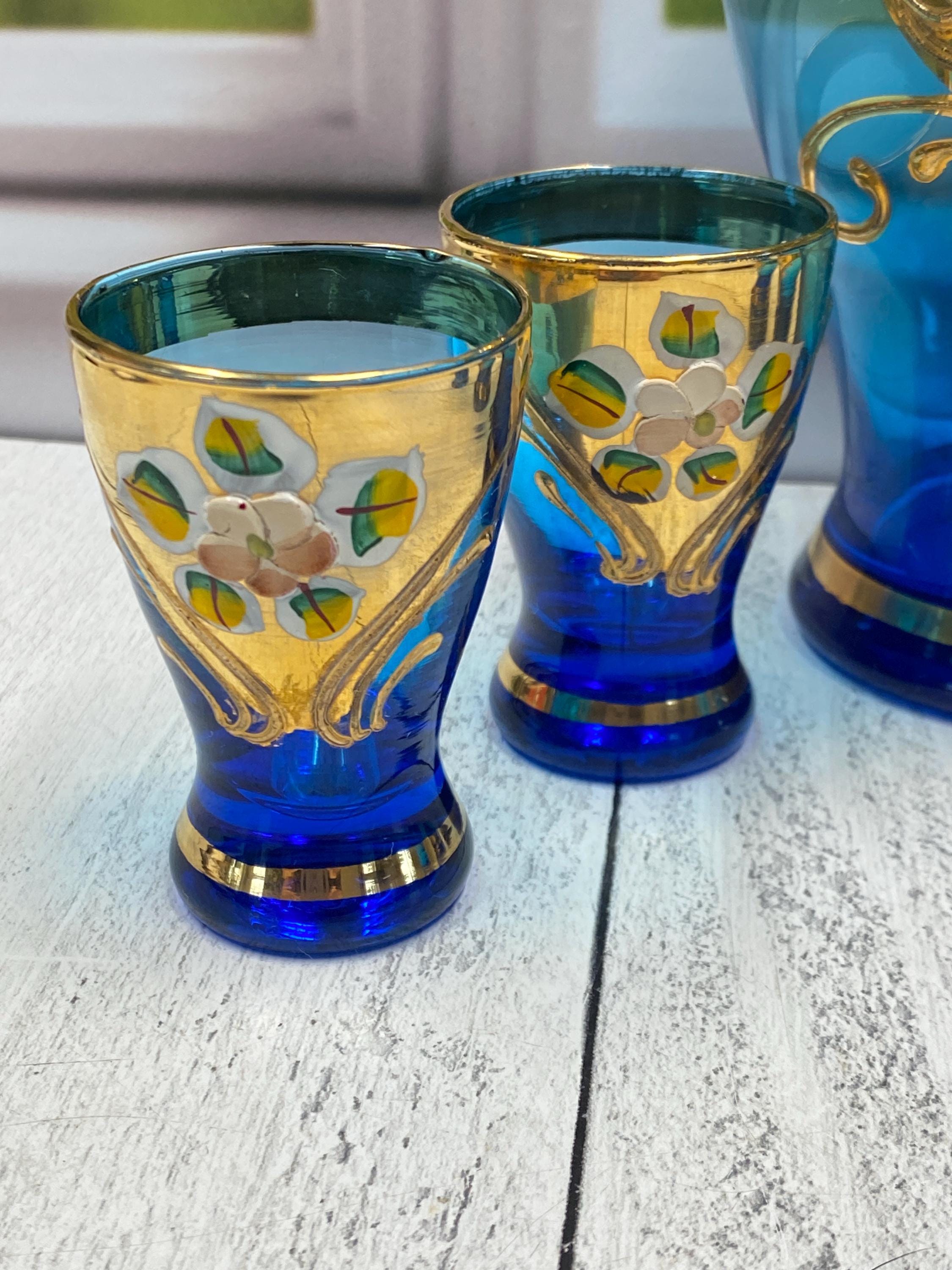 Vtg Bohemia Czechoslovakia Cobalt Blue Glass 24K Gold Enameled