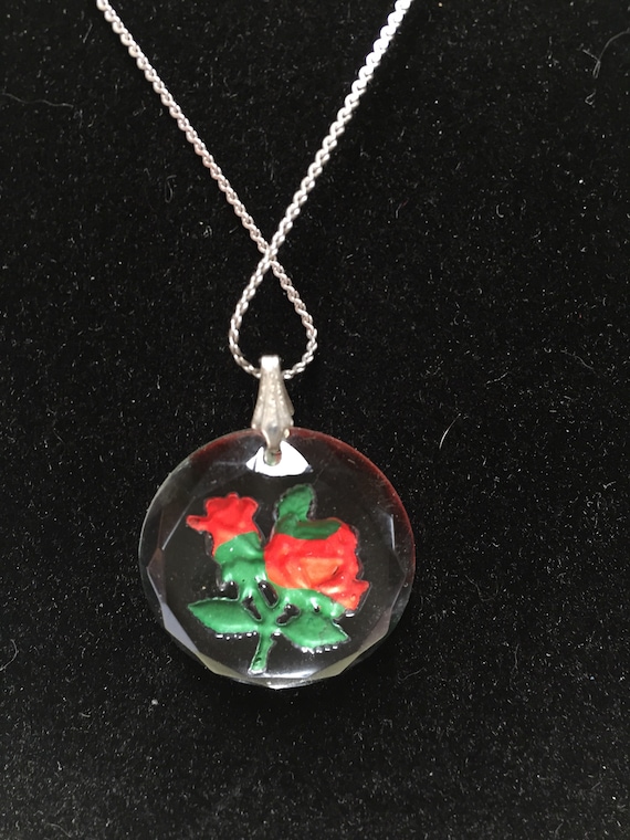 Vintage Reverse Etched Rose Pendant Necklace - Vi… - image 2