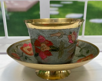 Vtg Solid Brass Enamel Painted Bowl & Footed Dish Set Red Floral India