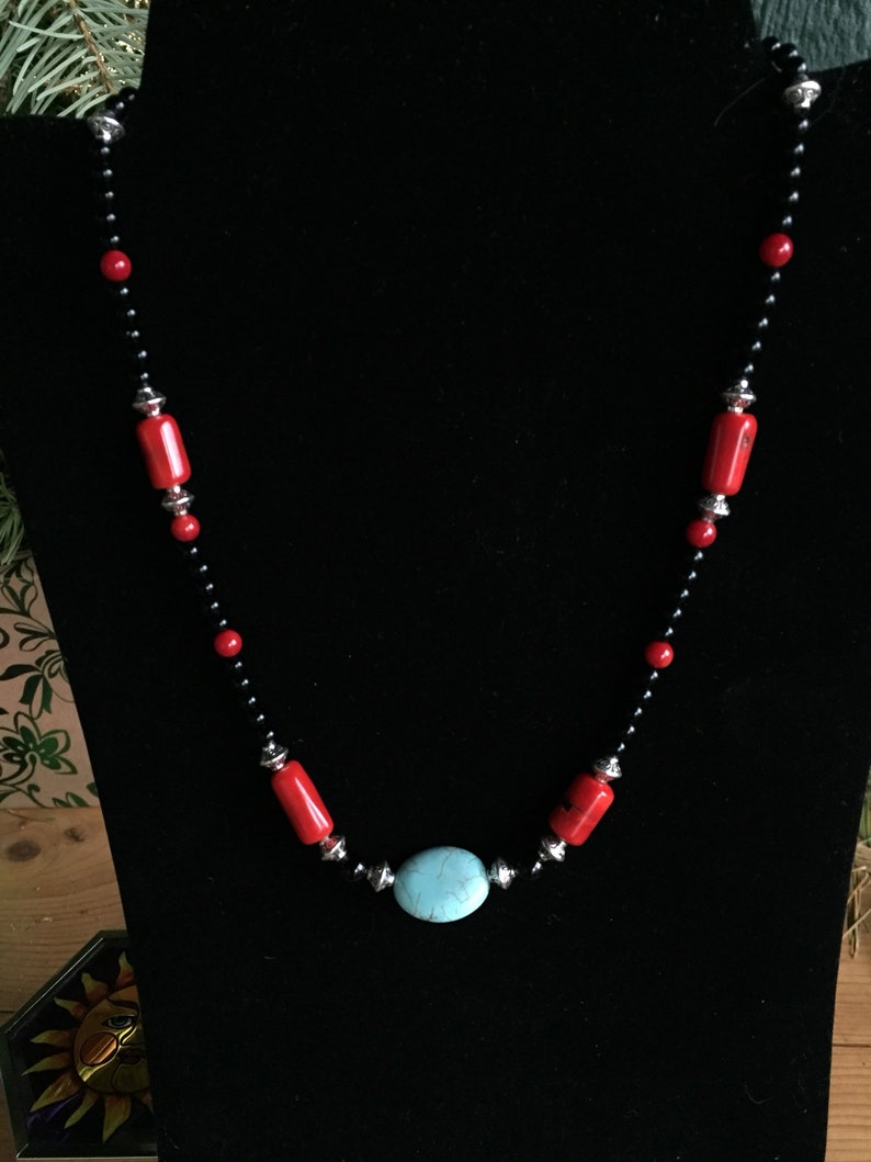 Red Coral Black Tourmaline Onyx Turquoise Navajo Style | Etsy