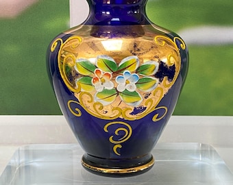 Vintage Bohemian Czech Cobalt Blue Glass Vase Gold Gilt Enamel Floral Hand Painted