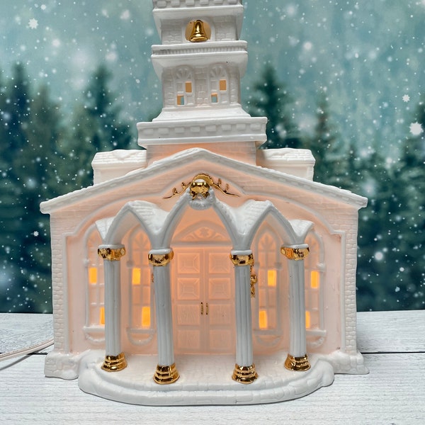 1997 White Porcelain Lighted Church With Gold Accents | Christmas Village Decor