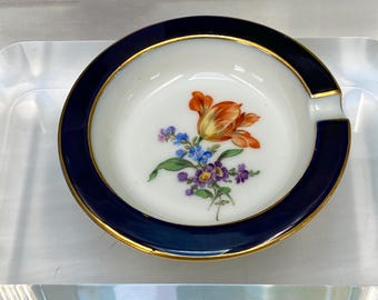 Vintage Meissen Porcelain Floral Ashtray Cobalt Blue Gold Trim Hand Painted Germany