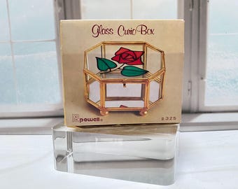 Vtg Powell Rose Glass Octagon Curio Box IOB Mirror Bottom Trinket Jewelry Holder