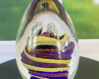 VTG Multicolor Blown Glass Egg Paperweight Cobalt Blue Yellow Brown Swirl 4"