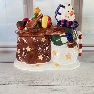 VTG Weihnachten Schneemann mit Tasche Geschenke Süßigkeiten Geteilt Glas | Weihnachtsdekor