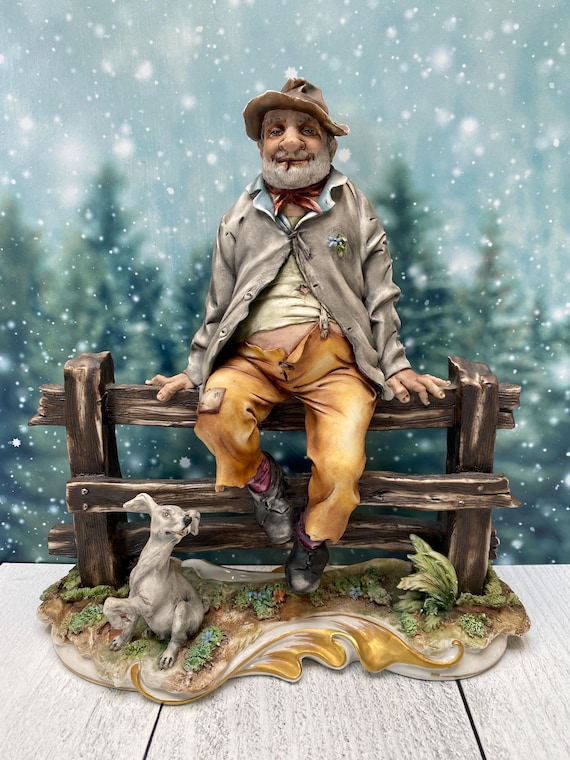 Vintage Capodimonte Style Porcelain Tramp on Fence With Dog