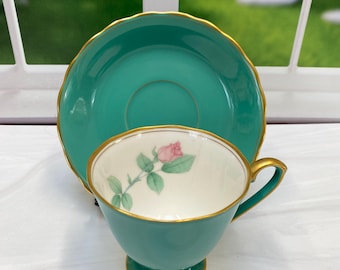 VTG Japanese Kutani Ware Teacup and Saucer Turquoise Gold Rose Single Set