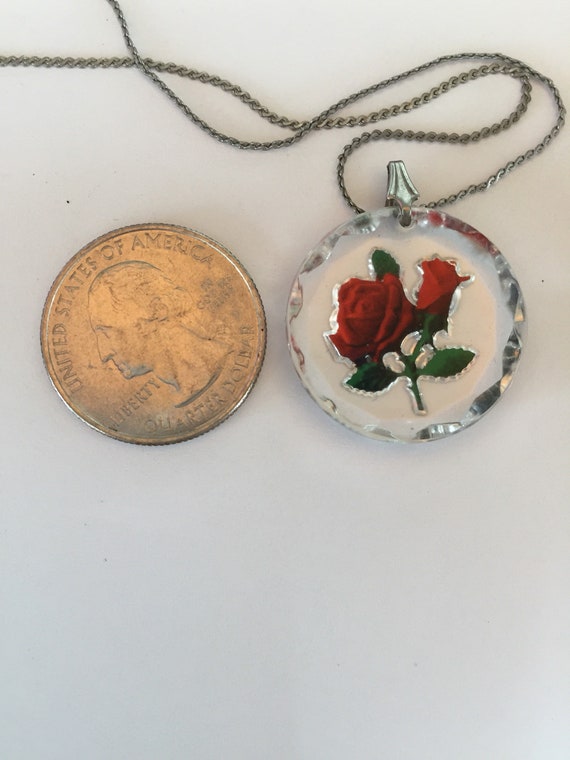 Vintage Reverse Etched Rose Pendant Necklace - Vi… - image 3