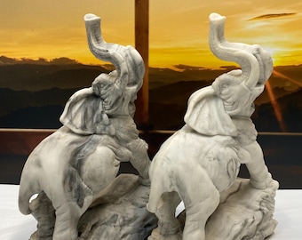 Vtg Set of 2 Hand Carved Marble Stone Elephant Trunk Up Statues Figurines