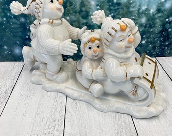 Vintage O'well Porcelain Snowman Family Figurine - Gold Trim Christmas Decor