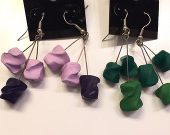 Polymer Clay eraser bead earrings, dangle, handmade, shades of purple and green, long, beads, unique