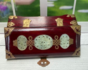 VTG Ornate Wooden Jewelry Box With Carved Jade Stone Inserts & Brass Lock