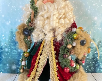 VTG 16” Santa Claus Figurine | Red & Green Velvet Coat | Holiday Christmas Decor